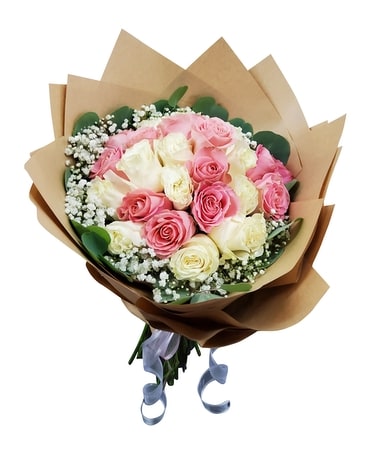 Pink & White Roses ~ Fancy Wrapped Bouquet Bouquet