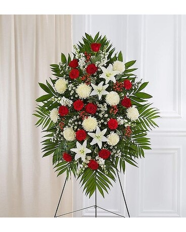 Red And White Sympathy Standing Spray Flower Arrangement