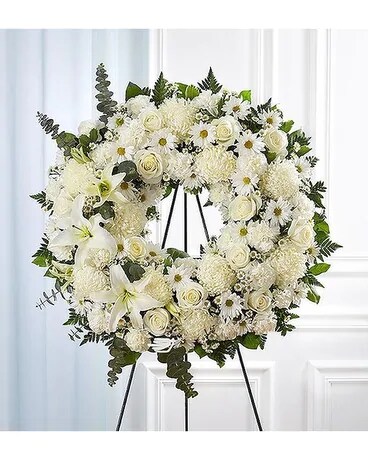 All White Standing Wreath Flower Arrangement