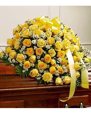 Yellow And White Rose Half Casket Cover Flower Arrangement