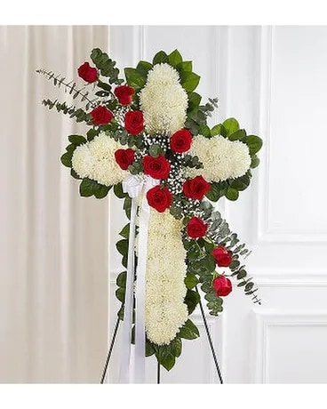 White Standing Cross With Red Rose Break Flower Arrangement