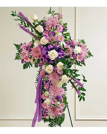 Lavender And White Standing Cross Flower Arrangement