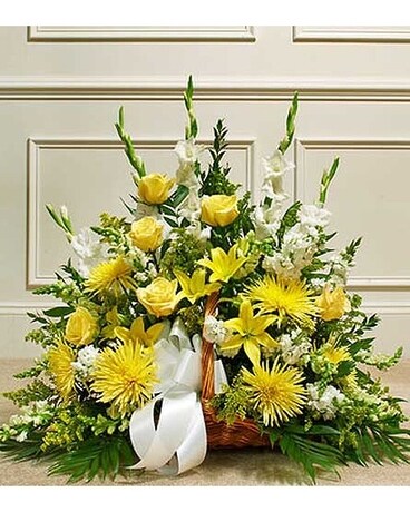 Yellow And White Mixed Fireside Basket Funeral Arrangement