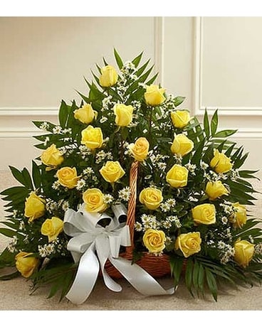 Yellow and White Rose Fireside Basket Funeral Arrangement