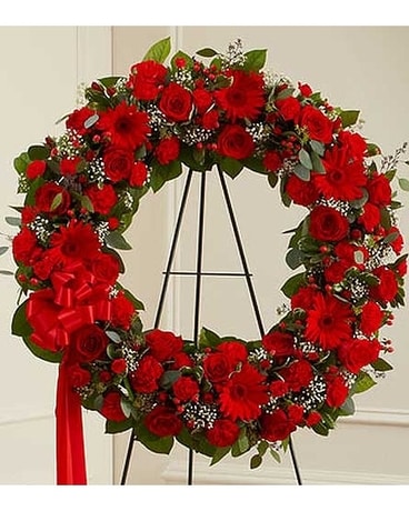 Red Mixed Standing Wreath Funeral Arrangement