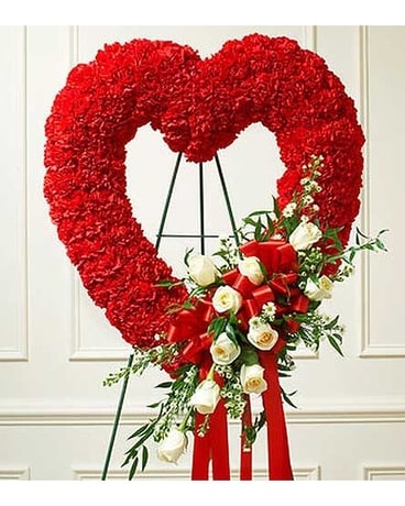 Red and White Open Heart with White Roses Funeral Arrangement