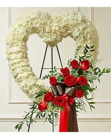 Red and White Open Heart with Red Roses Funeral Arrangement
