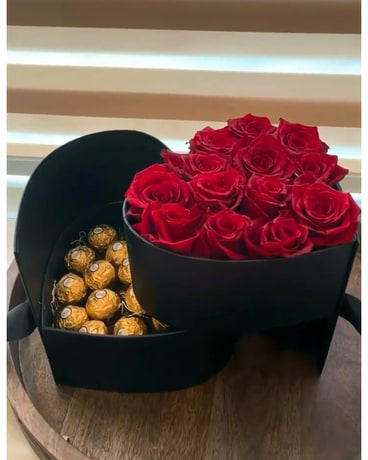Black and red heart with chocolates Flower Arrangement