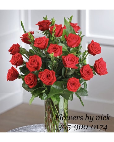 18 RED ROSES & LUSH GREENS IN CYLINDER VASE Flower Arrangement