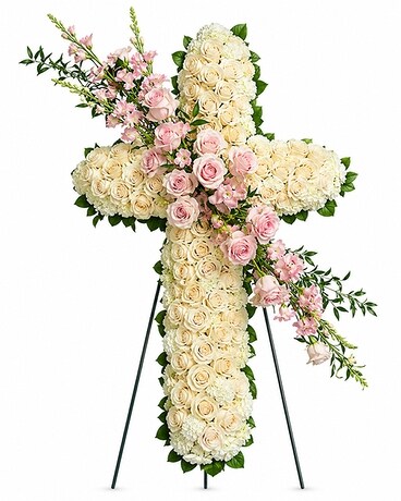 Graceful Farewell Pink & White Sympathy Cross | Funeral Flowers