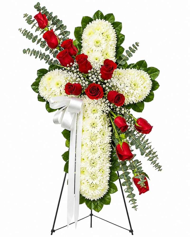 Sacred Devotion Red & White Standing Cross | Funeral Flower Delivery