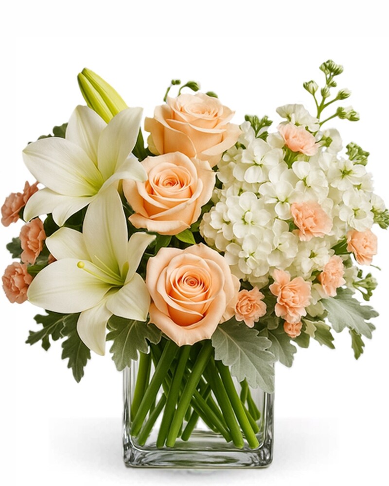 Freshly Peach – Peach Roses, White Lilies & Hydrangeas | Same-Day