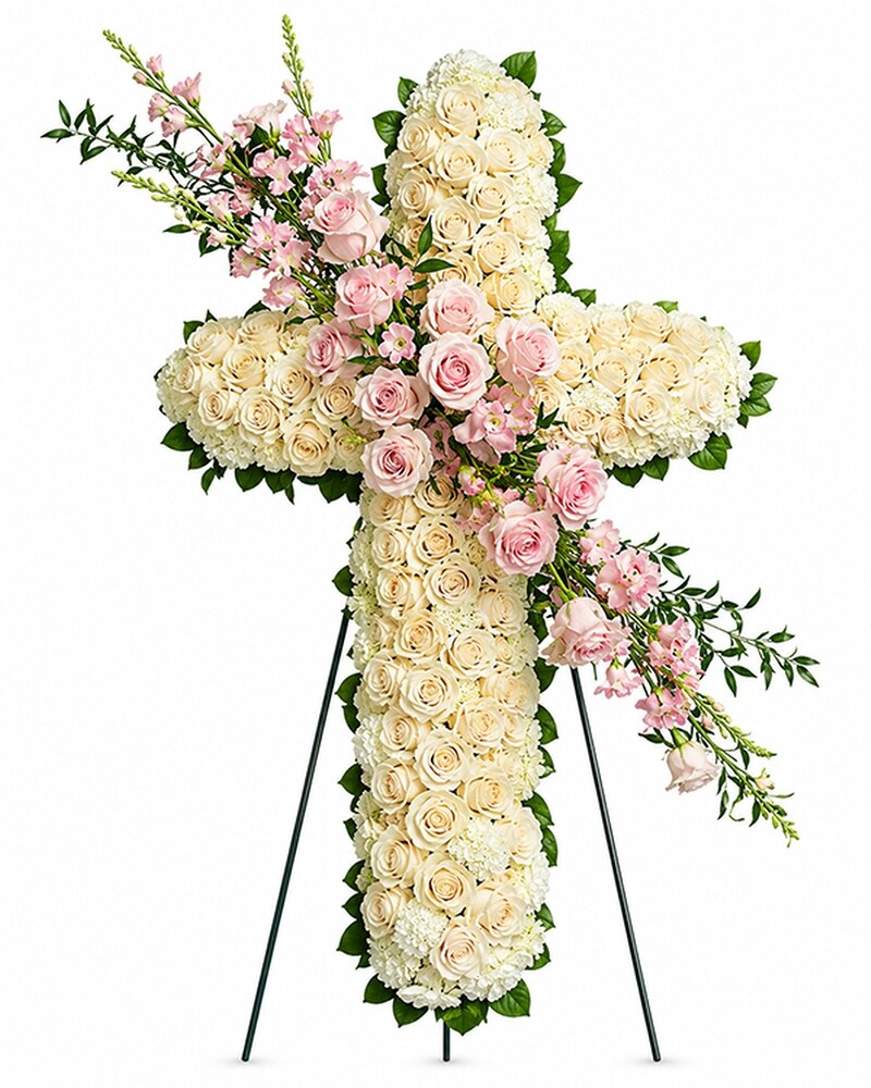 Graceful Farewell Pink & White Sympathy Cross | Funeral Flowers