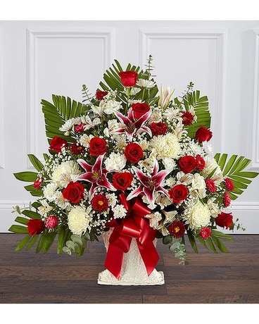 Red & White End Basket Funeral Arrangement