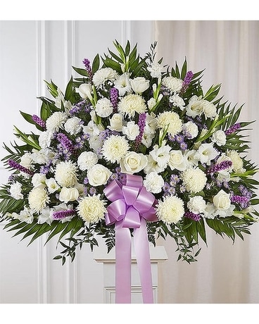 Lavender & White End Basket Funeral Arrangement