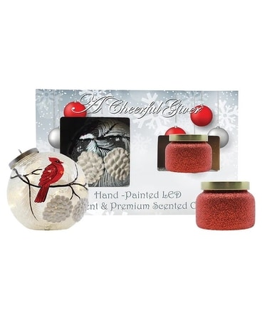 A Cheerful Giver Snowy Cardinal-Ornament & Candle Flower Arrangement
