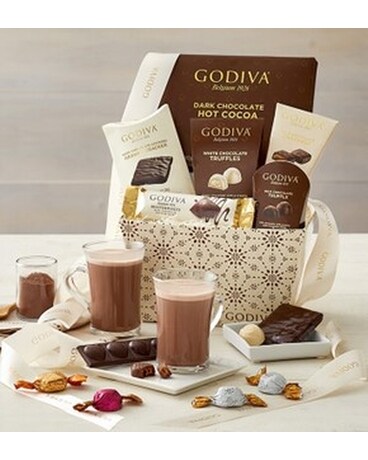 Ivory Godiva Glistening Gift Basket Flower Arrangement