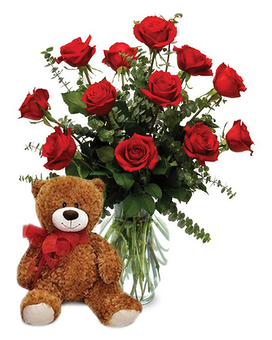 Roses With A Bear Flower Arrangement