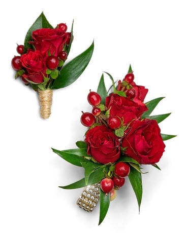 Crimson Corsage and Boutonniere Set Flower Arrangement