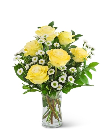 Yellow Roses with Daisies Flower Arrangement