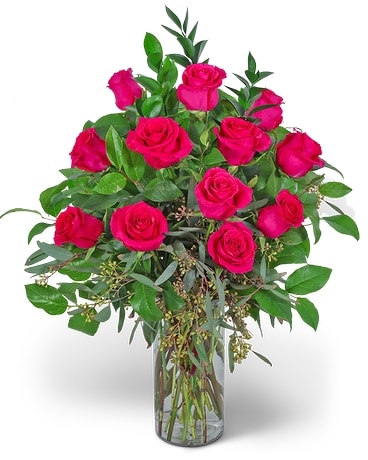 One Dozen Hot Pink Roses Flower Arrangement