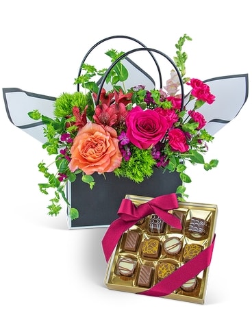 Love and Chocolate Blooming Tote Ensemble Flower Arrangement