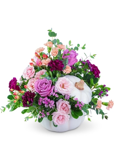 Artistic Blush in White Pumpkin Flower Arrangement
