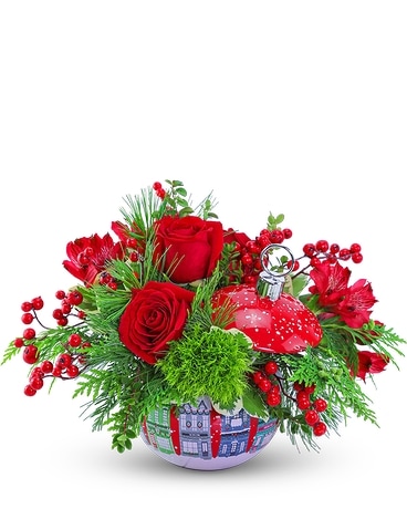 Cottages in the Snow Keepsake Ornament Flower Arrangement