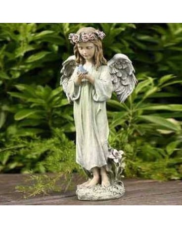 Angel With Bird Statue Flower Arrangement