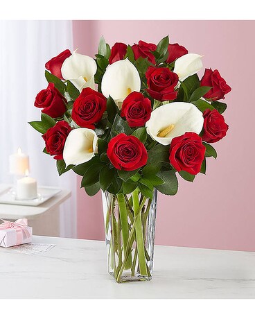 Forever Love Red Roses with Calla Lillies Flower Arrangement