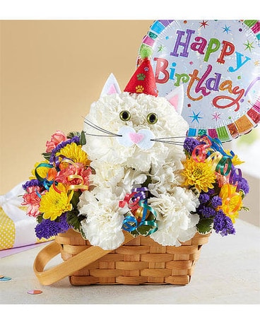 Party Cat with Balloon Flower Arrangement