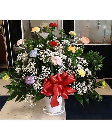 Mixed color all carnations & babies breath funeral Flower Arrangement