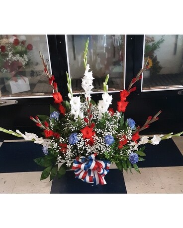 Red White Blue Glads & Carns Basket Sympathy Arrangement
