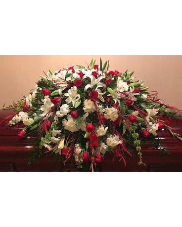 Legacy’s red and white executive mix Funeral Casket Spray Flowers