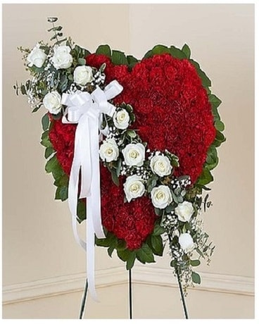 Red Solid Standing Heart with White Roses Sympathy Arrangement