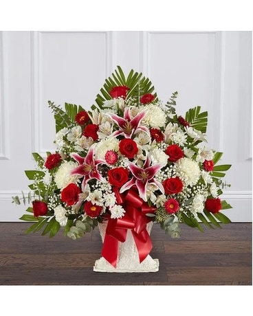 Red Rose And Lily Floor Basket Sympathy Arrangement