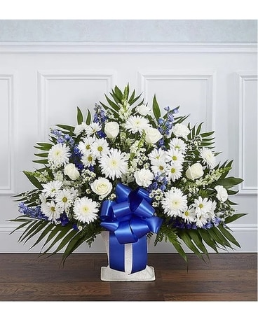 Heartfelt Tribute Blue & White Floor Basket Sympathy Arrangement