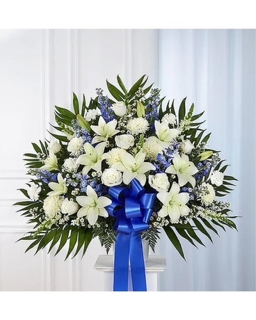 Heartfelt Sympathies Blue & White Funeral Basket Sympathy Arrangement