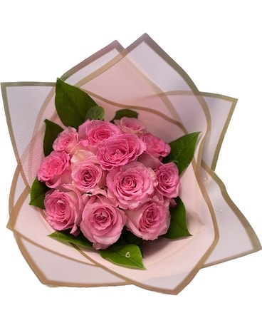 Dozen Pink Roses - Handwrapped Flower Arrangement