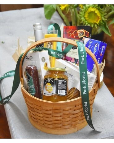 Wine & Gourmet Snack Basket Flower Arrangement