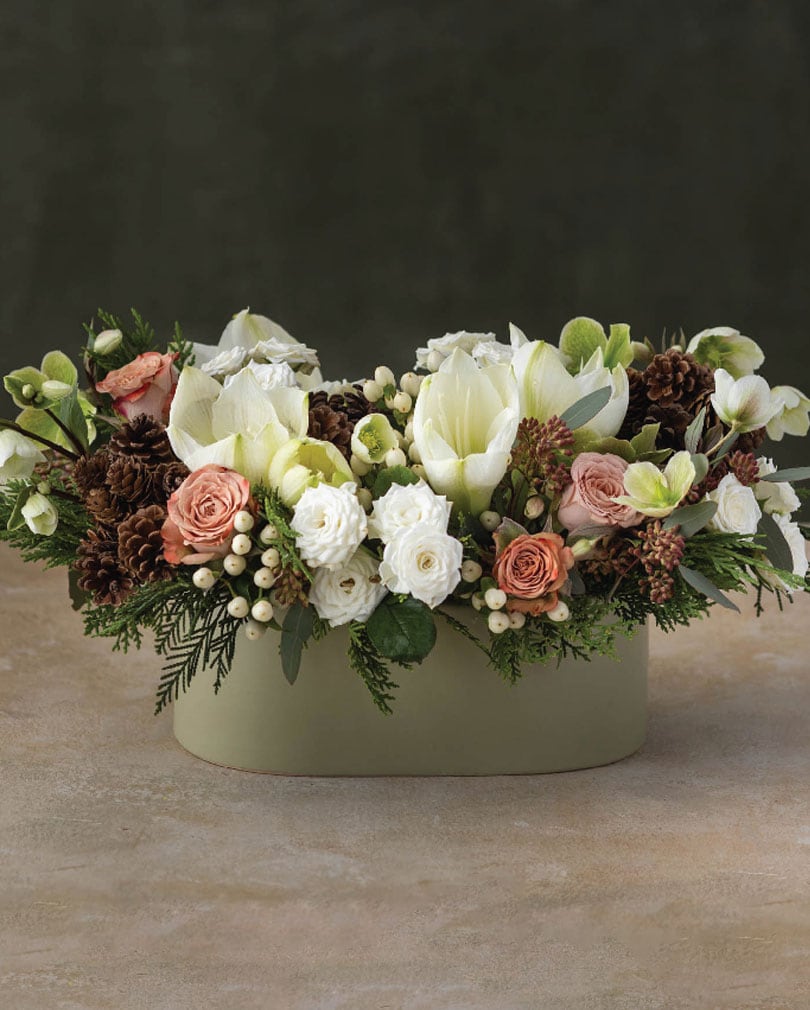 Evergreen & Ivory Centerpiece Flower Arrangement
