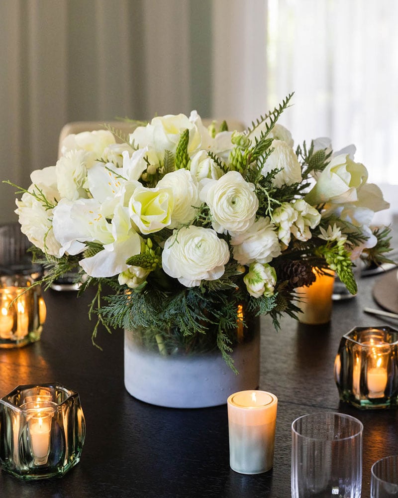Snowy Cedar Centerpiece Flower Arrangement