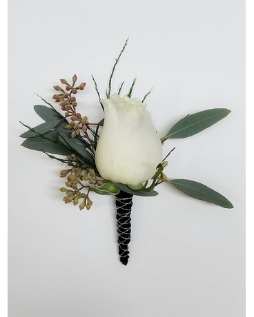 White Rose Boutonniere with black and silver stem Boutonniere