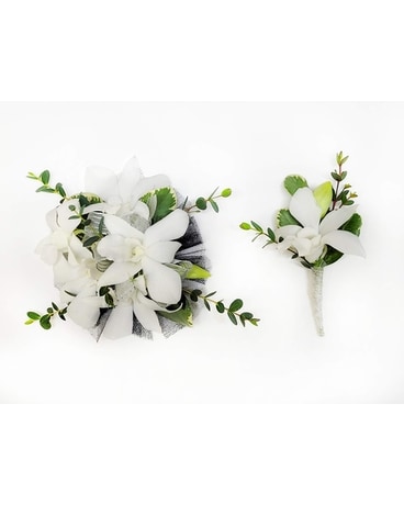 White Dendrobium corsage set Corsage