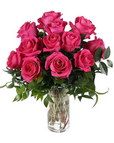 Classic Premium Dozen Hot Pink Roses Flower Arrangement