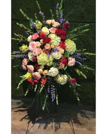Mixed Color Standing Spray Funeral Arrangement