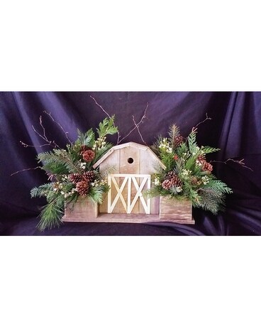 Winter Barn Birdhouse Flower Arrangement