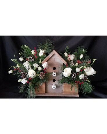 Winter Birdhouse Flower Arrangement