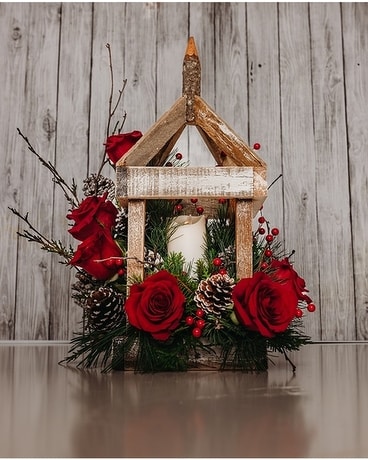 Rustic Lantern in Red Flower Arrangement