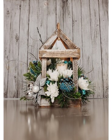 Winter Wonderland Rustic Lantern Flower Arrangement